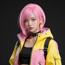 cyberpunk photorealistic character, tech wear outfit, facial expression, pink and yellow, edgy, awe inspiring, artstation hd, 8 k, detailed, intricate, ornate, studio lights, golden ratio, masterpiece