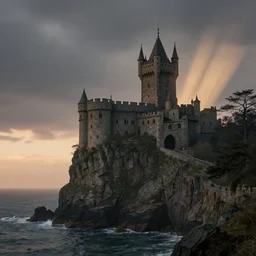 a spiritual matte painting by feng zhu of a cliff side castle by the sea, dawn setting, HDR, unreal engine, god rays, ue5, concept art,  4k hd wallpaper