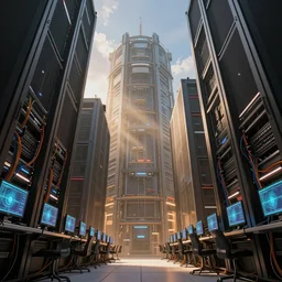 computers, wired in, in a highly detailed server room with computers everywhere, cinematic view, epic sky, detailed, concept art, low angle, high detail, warm lighting, volumetric, godrays, vivid, beautiful, trending on artstation, by jordan grimmer, huge scene, art greg rutkowski