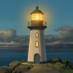 beautiful cute cozy lighthouse by the sea, golden warm light, style of hayao miyazaki, digital art trending on artstation