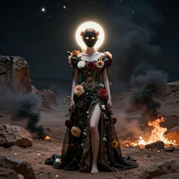 The full body shot of delicate renaissance beautiful pale woman with many flowers and full-face black mask with glowing halo, a thick black smoke in rocky desert landscape, glowing eyes, falling star on the background, burning earth by Christopher Doyle, Gaspar Noe, Tarkovsky, Alejandro Jodorowsky, anamorphic lens, volumetric lighting, global illumination, physically based rendering, photorealistic, top light, cinematic composition, award winning photo, 8k
