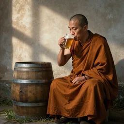 pleased monk sipping mead next to a barrel