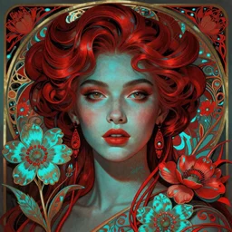 anjanette abayari as darna, volumetric lights, red and cyan theme, art nouveau botanicals, intricate, highly detailed, digital painting, artstation, concept art, smooth, sharp focus, cinematic, illustration, beautiful face, art by artgerm and greg rutkowski and alphonse mucha