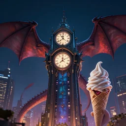 dragon, artwork, cyberpunk, tower clock, night, digital art, realistic, 8 k, hd, disney, ice cream, sad