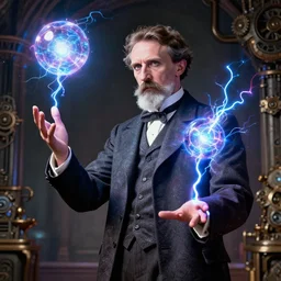 nikola tesla, juggling glowing balls of electricity, digital art by grant wood, cyberpunk, steampunk, electric, shocking, powerful