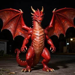 full body painting of a red dragon with giant open wings and a snobby smile. at night. extremely detailed. beautiful. 4 k. award - winning. epic lighting