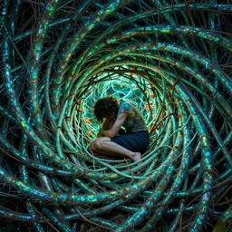 a person trapped in the fetal position inside of extremely thick iridescent vines intertwined, central circular composition, high saturation, epic lighting, in the style of Peter gric and Amanda Sage 8k