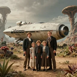 sharp, highly detailed, 9216k film, 17150mm film still from a sci fi blockbuster color movie made in 2019, set in 1860, of a family standing in front of their spaceship, on a alien landscape that is full of strange alien plants, on an alien planet, the family are all wearing 1860s era clothes, good lighting, in focus, 350mm f/1.4L lens