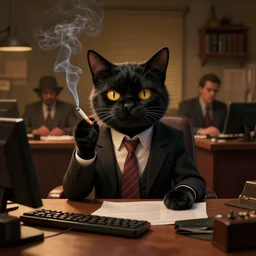 detective anthropomorphic cat wearing a tie is smoking a cigarette at his office, 3 d scene, zenith view, warm color palette, night time, dramatic lighting, noir film, fine details, high contrast, blacksad, juan diaz canales, juanjo guarnido, greg rutkowski, trending on artstation, 8 k, ultra wide angle