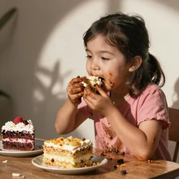 color video footage of my daughter eating cakes, dirty.