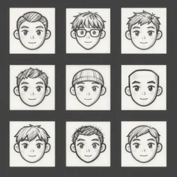 face game 3 / 4 angle asset sheet overlay pencil sketch 8 bit
