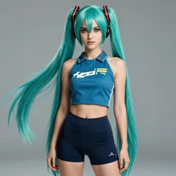 young Natalie Portman as hatsune miku wearing crop gym top with white lettering, crop yoga short, Advertising photography by Mario Testino, masterwork, cgstudio