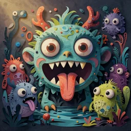 intricate colourful murky with strange cute friendly angry crazy creatures with huge beauty eyes long tongue triangle teeth and scary face appearing from the water, paper cut style
