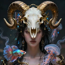 isis goddess macro close - up portrait with extremely detailed crown made of ram skull dripping gold + betta fish + jellyfish, in the style of james jean, bioluminiscent, plasma, wind, creature