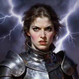 head and shoulders portrait of a female knight, portrait by frank frazetta, angry expression, dramatic lighting, lightning in background, airbrush, hq