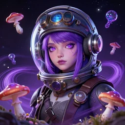 A cyberpunk space pirate girl with purple hair warping time and space, trading illegal goods, magic mushrooms, psilocybin, LSD, face, space helmet, futuristic, detailed, intricate, elegant, highly detailed, digital painting, artstation, concept art, smooth, sharp focus, akira style illustration, art by Krenz Cushart and Artem Demura and Alphonse Mucha