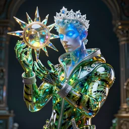 hyper detailed ultra sharp portrait of baroque and bladerunner delicate neon glass sculpture of seductive albino joe jonas, tigers green iridescent humanoid deity wearing metallic hoody made out of hands holding the sun prismatic dungeon, glowing blue face, crown of white diamonds, cinematic lighting, photorealistic, octane render 8 k depth of field 3 d