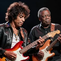photo of jimi hendrix and b. b king, with very highly detailed face, jamming with electric guitars. photorealistic, unreal engine 5, trending on artstation, 4 k, 8 k, uhd, beautiful, dramatic by steve mccurry