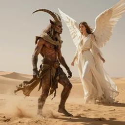 terrific jinn demon in middle of desert with hoof on his feet and goat face with long cloth afraid of beautiful powerful angel, epic, good vs evil, atmosphere, harsh lighting, cinematic lighting,, award wining art, artstation, high details, concept art, 4 k