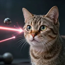 A cat with anomalously giant eyes fires lasers from its eyes into the Death Star, realistic, photo, 8k, detailed, high resolution