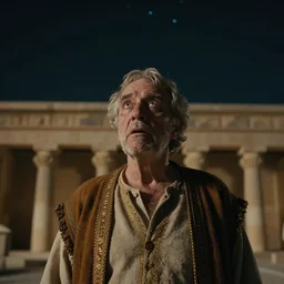 film still of 80 year old stunned Mediterranean skinned man in ancient Canaanite looking up at the nighttime sky, Biblical epic directed by Wes Anderson
