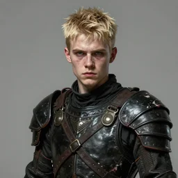 portrait painting of a tough blonde male teen with short hair wearing tattered black leather armor, ultra realistic, concept art, intricate details, eerie, highly detailed, photorealistic, octane render, 8 k, unreal engine. art by artgerm and greg rutkowski and charlie bowater and magali villeneuve and alphonse mucha