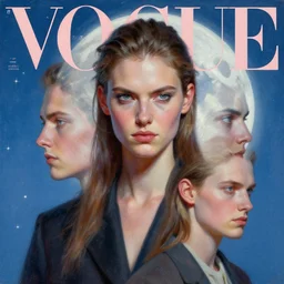 3 d, smirk glare fashion model, soft blue moon light, white stars, vogue cover style, poster art, high detail, intricate oil painting, multiple exposure, hyperrealism, 3 d, by stanley kubrick and tooth wu and wlop and beeple and greg rutkowski