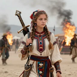 detailed ultrarealistic photography front medium shot of dnd fantasy burningman festival ethnic rustic emma girl dragonslayer leyendecker, norman rockwell, greg rutkowski, jim henson artstation cinematic, vray game of thrones, lord of the rings
