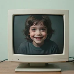 0 0 s kid with creepy smile behind a old computer monitor