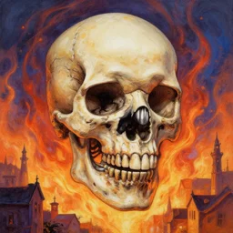 terminator skull on flaming town background, acrilic paint, digital, artstation, detailed intricate ink illustration, heavenly atmosphere, digital art, overdetailed art, concept art, complementing colors, trending on artstation, cgstudio, the most beautiful image ever created, dramatic, subtle, details, award winning artwork, beautiful scenery