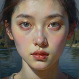 hyper - detailed, surreal painting of a symmetrical face of a woman with very large eyes sitting by the river