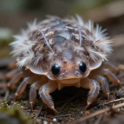 a portrait shot of a beautiful tardigrade!!! covered in feathers, front shot. big cute eyes!!! tilt shift photography, extreme dof