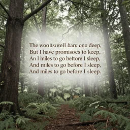 a graphic of the poem 'The woods are lovely, dark and deep, But I have promises to keep, And miles to go before I sleep, And miles to go before I sleep.'