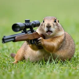 a very hangry prairie dog. holding an riffle with a scope, aiming, lying on the grass