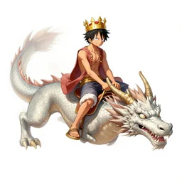 concept sketches of luffy wearing a gold crown riding a large dragon by jamie hewlett, in the style of megaman, micro detail, disney cartoon