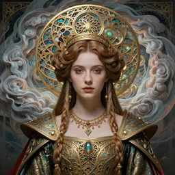 beautiful young medieval queen by chie yoshii, iris van herpen, jean delville, james jean spiraling clouds, art nouveau, visionary, symbolist, detailed centered face portrait octane render, ornate garments iris van herpen, ornate gothic icon