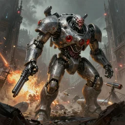 zombie - flesh - battlemech, in a cyberpunk gothic city hyper realistic sci - fi matte concept art painting of dramatic cinematic scene, guns, missiles, explosions, beautiful details, strong composition painted by kim jung guweta studio rutkowski, james gurney and greg rutkowski, and lucasfilm, smooth, intricate, detailed, sharp focus, cinematic