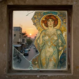 seen through a broken window!! karachi streets,, sunset in background,, alphonse mucha, greg rutkowski, trending on artstation, artgerm, breathtaking, sharp focus, smooth, mark arian, award winning, highly detailed 4 k art