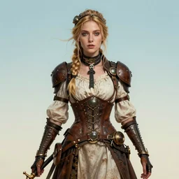 portrait of beautiful steampunk maiden, by atey ghailan, by greg rutkowski, james gilleard, greg manchess, dynamic lighting, gradient light blue, brown, blonde cream and white color scheme, grunge aesthetic