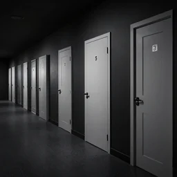 a dark room with an infinity of numbered doors.