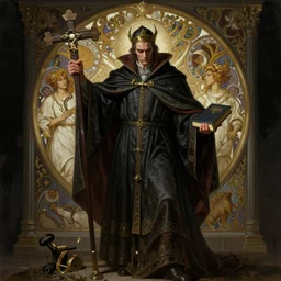 realistic portrait of a nasty bishop, cross, evil, heroic pose, beautiful face, bible, full body, dramatic lighting, intricate, wild, highly detailed, digital painting, artstation, concept art, smooth, sharp focus, illustration, art by artgerm and greg rutkowski and alphonse mucha, footage from space camera
