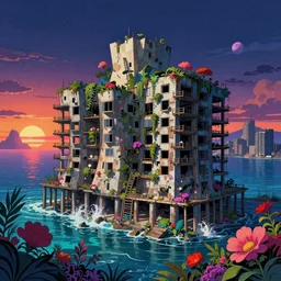 a beautiful detailed illustration of pier urbex unfinished building city by frank gehry, nightvision apocalyptic retrowave nature flowers sunset junglepunk sea at dawn atlantis anime lightpaint tokyo reclaimed by nature landscape infrared thermal vision tundra, archdaily, wallpaper, highly detailed, trending on artstation.