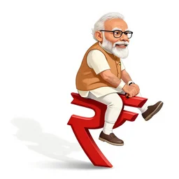 cartoon style image of Modi riding on a red Rupee sign which is falling