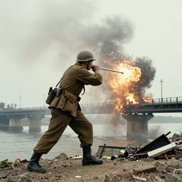 a soldier blowing up a bridge, 1 9 4 5