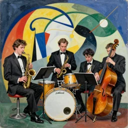 A quartet jazz band in the cubist style of Kandinsky and Alfred Gockel