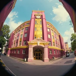 urban technical university campus, street view up, fish eye lens, studio ghibli, rossdraws, denys cowan, epic composition, realistic, hd, pink and maroon and gold and varsity yellow color palette, ismail inceoglu, square enix, cinematic lighting, unreal engine, trending on artstation, octane