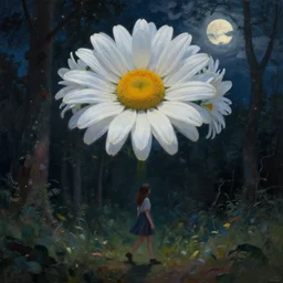 giant daisy flower crown head, girl walking in forest, surreal photography, dark night, stars, moon light, impressionist painting, clouds, digital painting, artstation, simon stalenhag