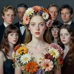 portrait, beautiful mysterious girl covered in flowers by peter lindbergh, sam spratt, michael page, julie heffernan, glenn brown, ayami kojima, greg hildebrandt, brian froud, nicola samori, paolo roversi, 8 k, hyper detailed, hyper realism, acrylic paint, surrealism, smooth, sharp focus.