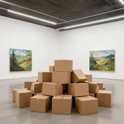 a pile!!! of ( cardboard boxes )!!! filled ( to the ceiling )!!! in a modern art gallery, with a parque floor, a single detailed landscape painting by anthony copely fielding on the back wall.