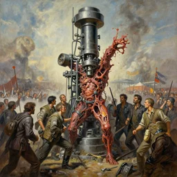 oil painting of 3 0 0 0 battle - panorama surgical polymorphed gas gangrene machine, by jack kirby, alberto bontempi, shigeru komatsuzaki, wayne d barlowe, alex ross, enric torres, simon bisley & boris vallejo, hyper realism, cinematical, narrative light, muted colors, epic, hyper detailed, awe inspiring, award